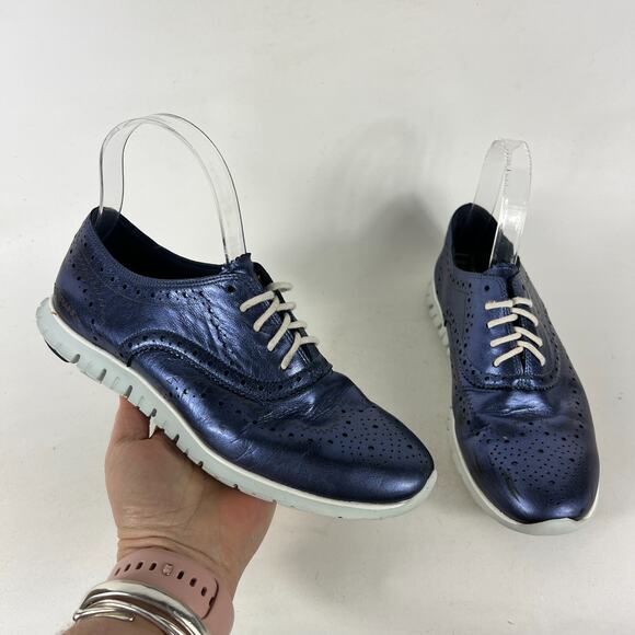 Cole Haan ZeroGrand Shoes Women's 7 Marine Blue Leather Comfort Wingtip Oxford - Picture 1 of 12